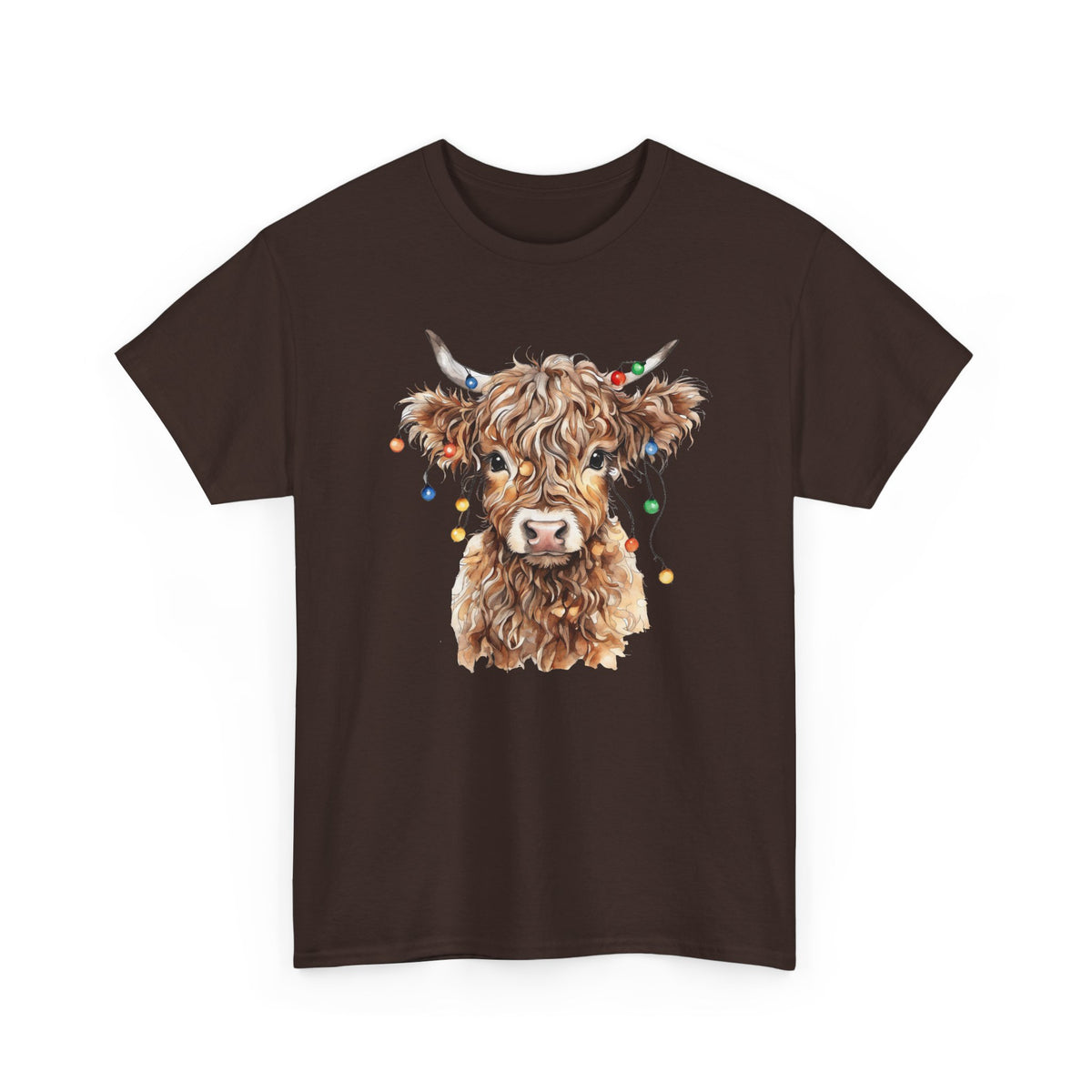 Dark Chocolate Highland Cow With Christmas Lights t-shirt with a fluffy watercolor cow print, front view