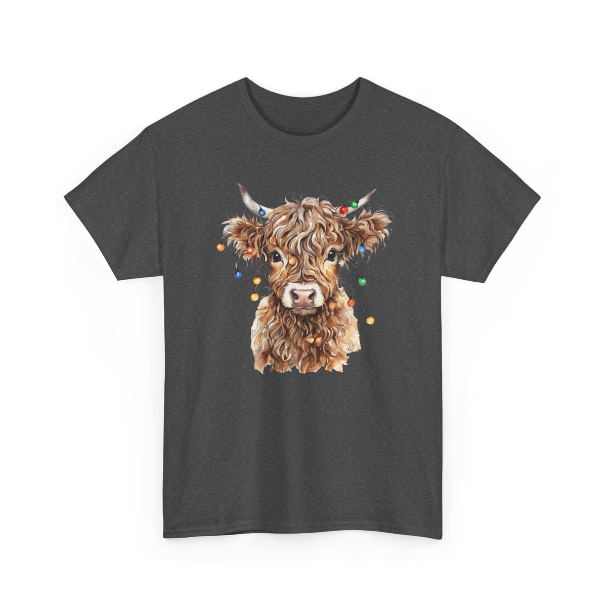 Dark Heather Highland Cow With Christmas Lights t-shirt with a fluffy watercolor cow print, front view