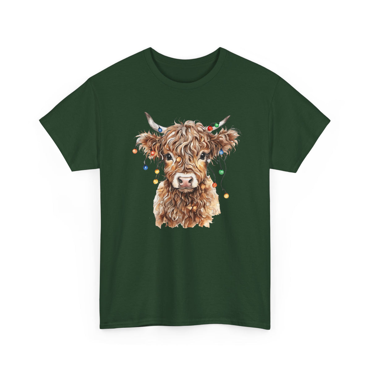 Forest Green Highland Cow With Christmas Lights t-shirt with a fluffy watercolor cow print, front view
