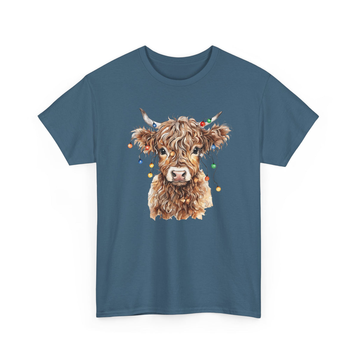 Indigo Blue Highland Cow With Christmas Lights t-shirt with a fluffy watercolor cow print, front view