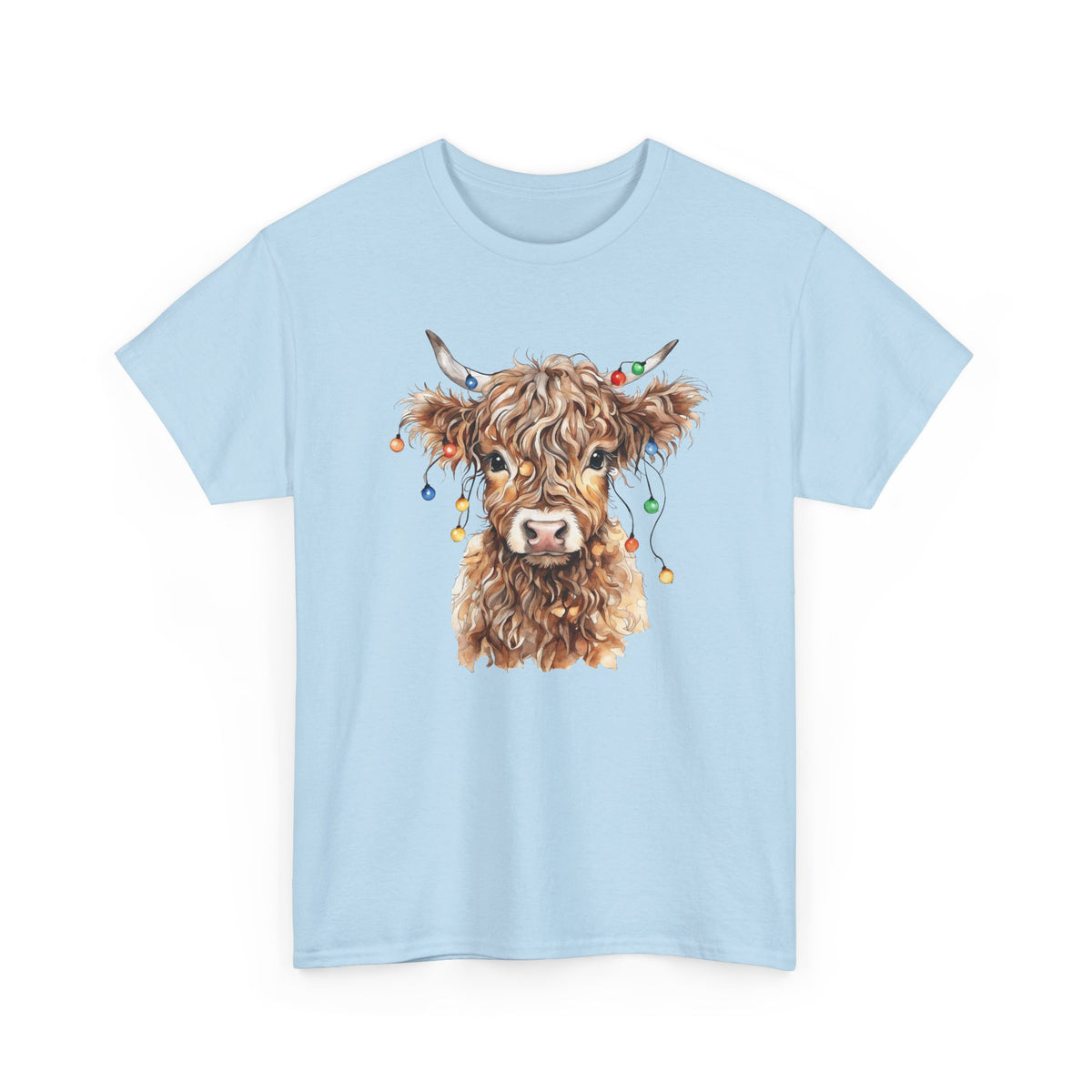 Light Blue Highland Cow With Christmas Lights t-shirt with a fluffy watercolor cow print, front view
