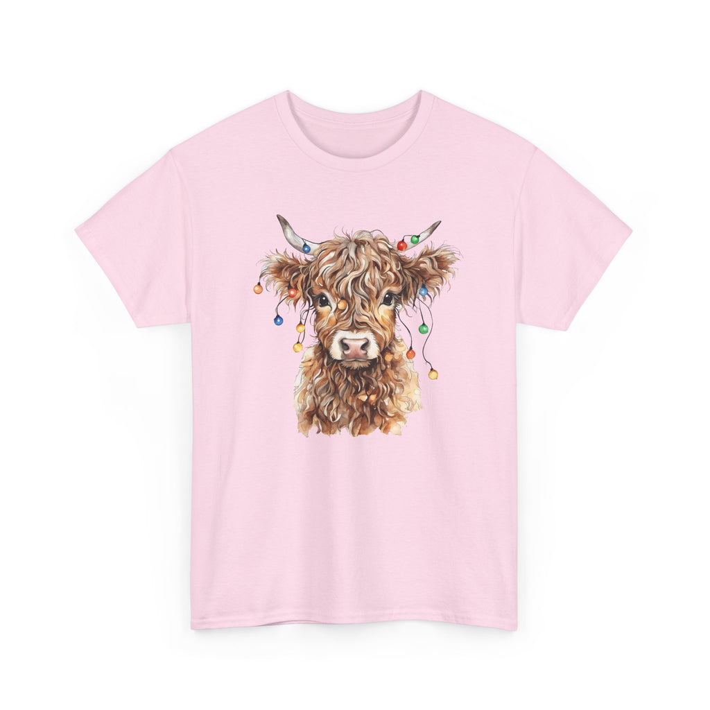 Light Pink Highland Cow With Christmas Lights t-shirt with a fluffy watercolor cow print, front view