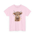 Light Pink Highland Cow With Christmas Lights t-shirt with a fluffy watercolor cow print, front view