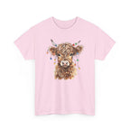 Light Pink Highland Cow With Christmas Lights t-shirt with a fluffy watercolor cow print, front view