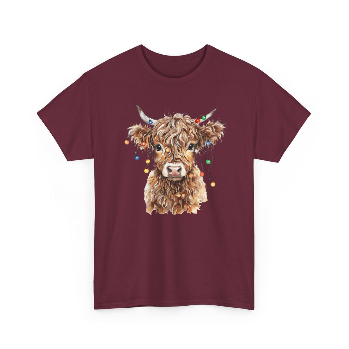 Maroon Highland Cow With Christmas Lights t-shirt with a fluffy watercolor cow print, front view