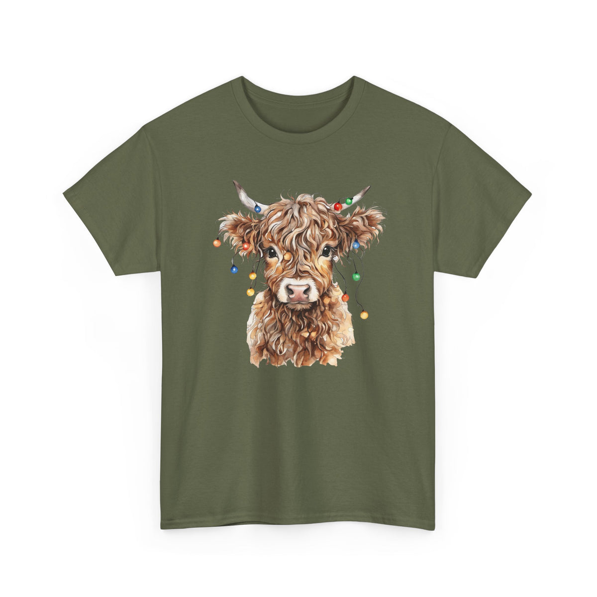 Military Green Highland Cow With Christmas Lights t-shirt with a fluffy watercolor cow print, front view