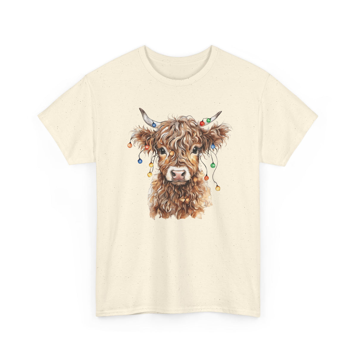 Natural Highland Cow With Christmas Lights t-shirt with a fluffy watercolor cow print, front view
