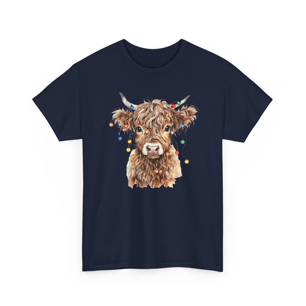 Navy Highland Cow With Christmas Lights t-shirt with a fluffy watercolor cow print, front view
