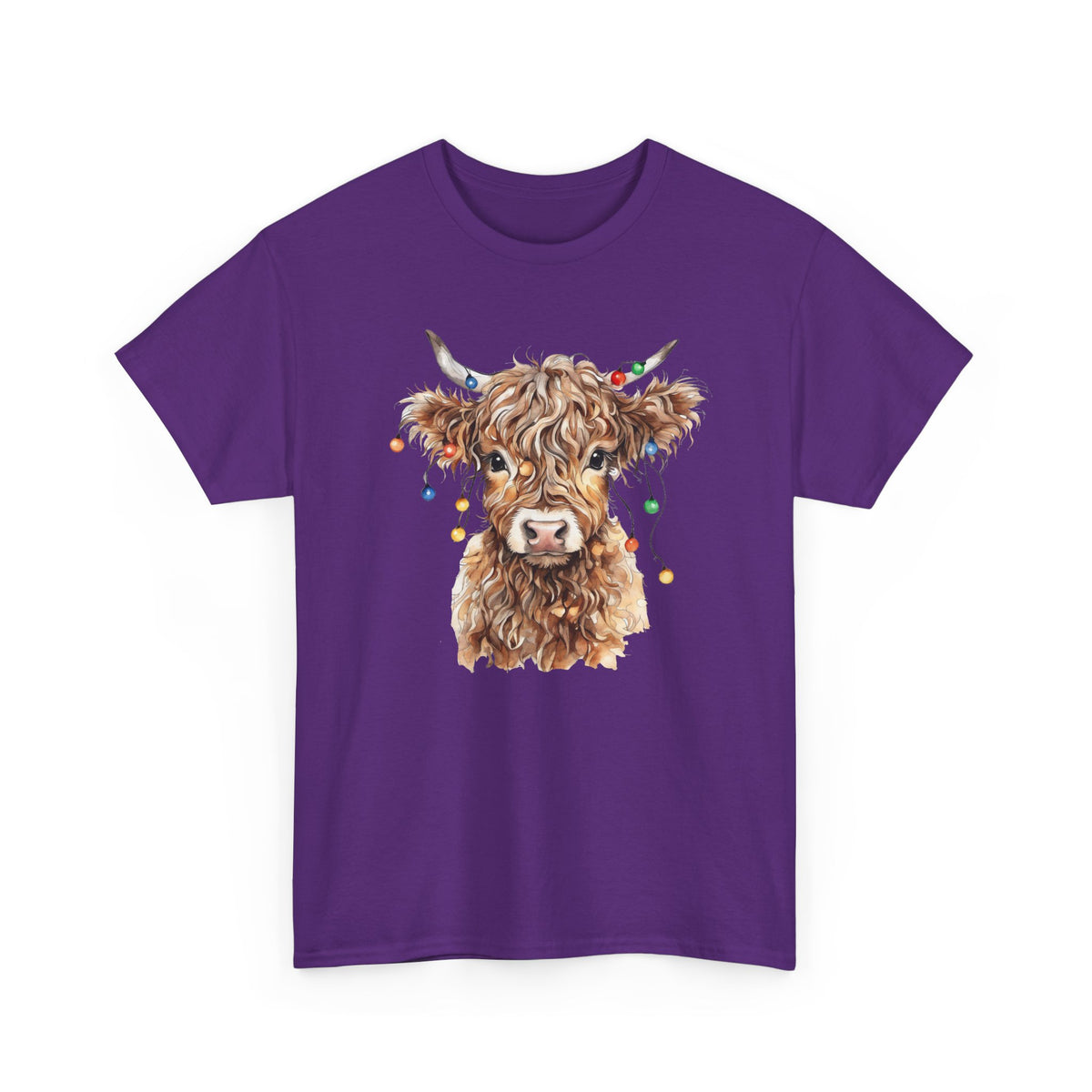 Purple Highland Cow With Christmas Lights t-shirt with a fluffy watercolor cow print, front view