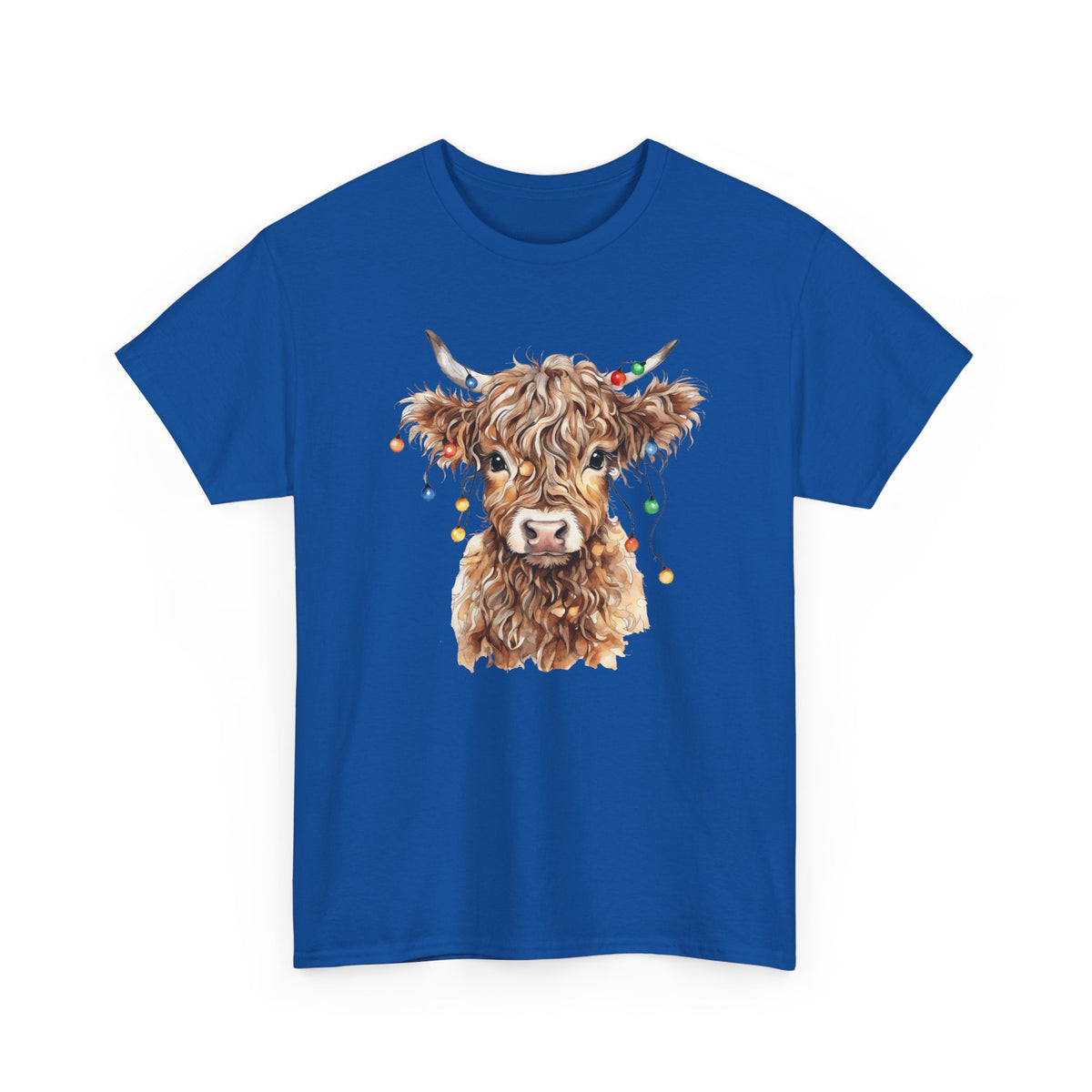Royal Highland Cow With Christmas Lights t-shirt with a fluffy watercolor cow print, front view