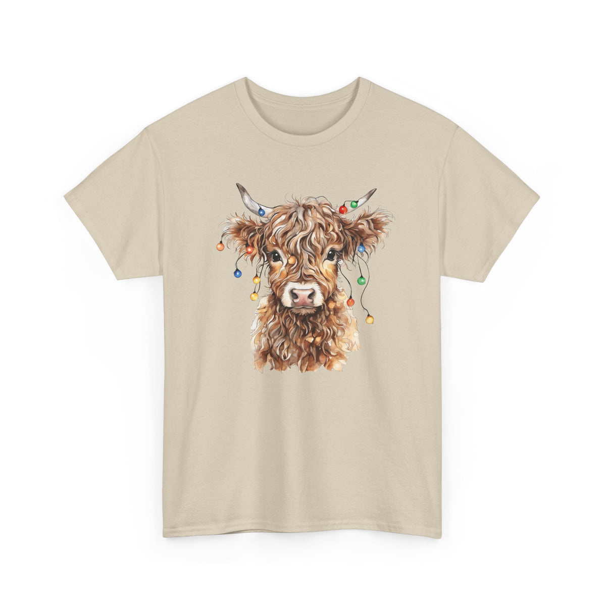 Sand Highland Cow With Christmas Lights t-shirt with a fluffy watercolor cow print, front view