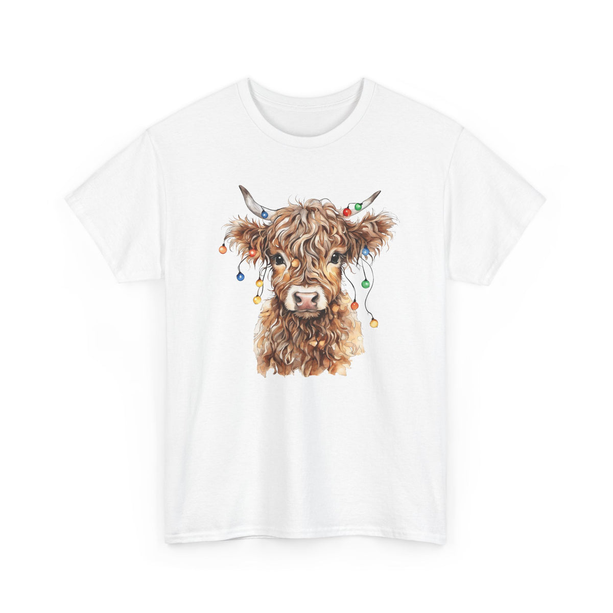 White Highland Cow With Christmas Lights t-shirt with a fluffy watercolor cow print, front view