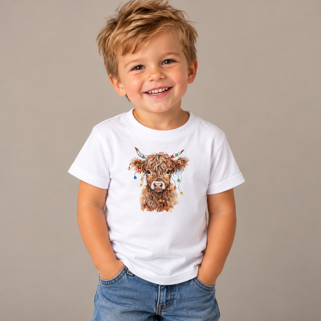 Boy wearing the White Highland Cow With Christmas Lights Toddler T-Shirt