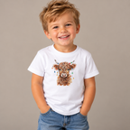 Boy wearing the White Highland Cow With Christmas Lights Toddler T-Shirt