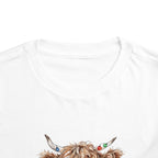 Highland Cow With Christmas Lights Toddler T-Shirt, front collar close-up