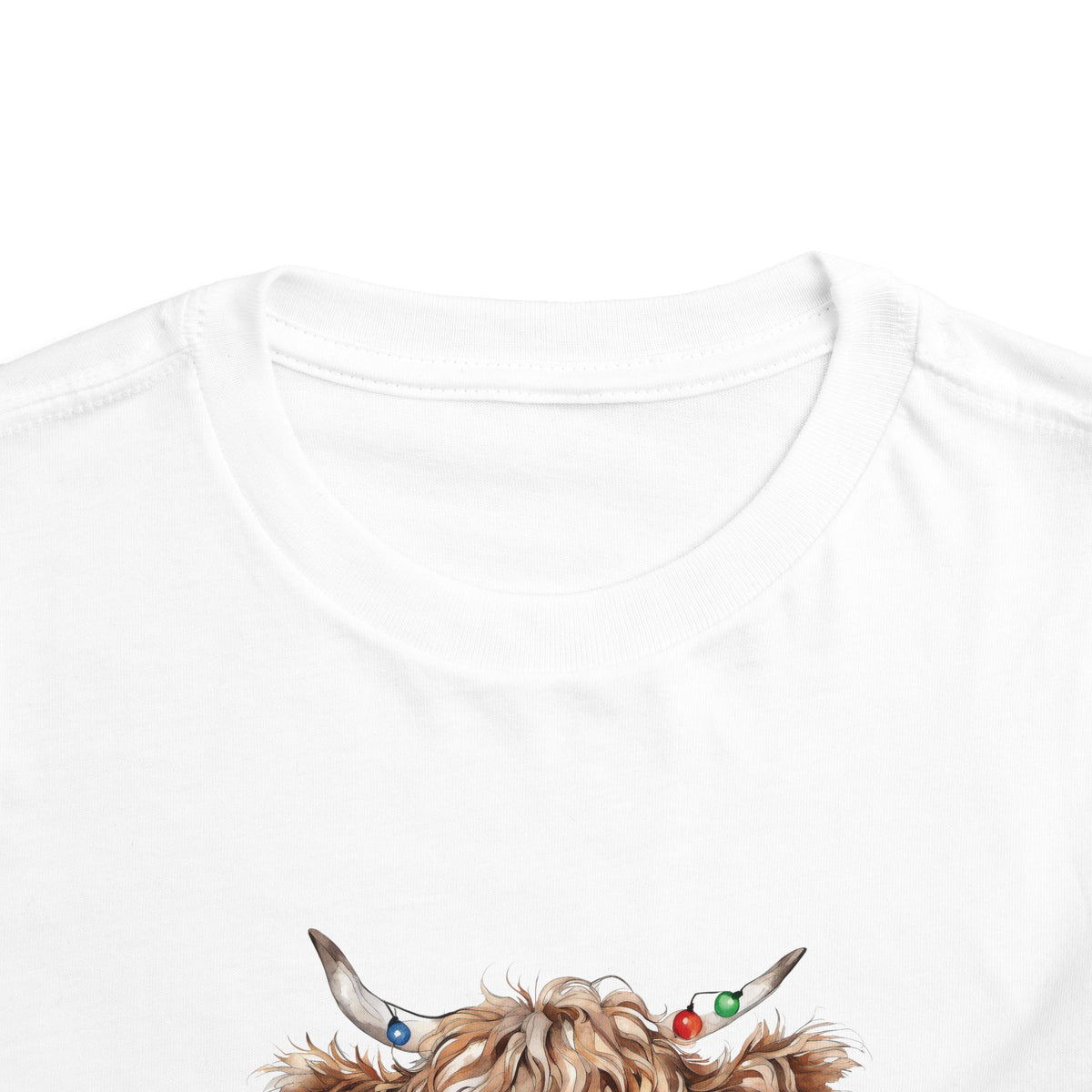 Highland Cow With Christmas Lights Toddler T-Shirt, front collar close-up