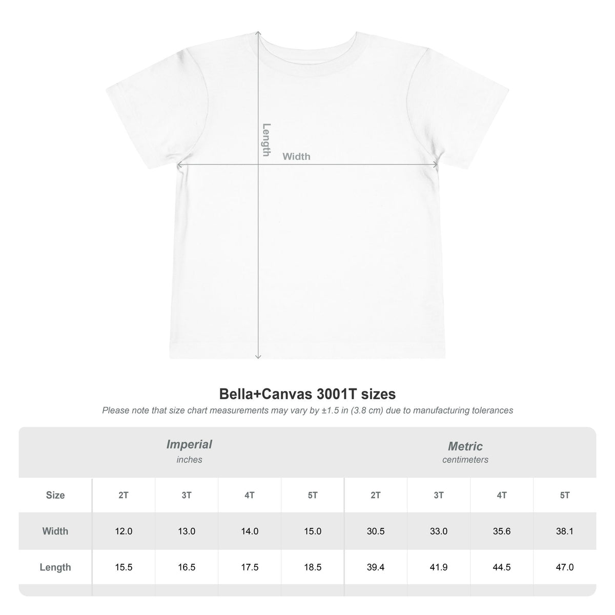 Bella+Canvas 3001T toddler t-shirt size chart in inches and centimetres