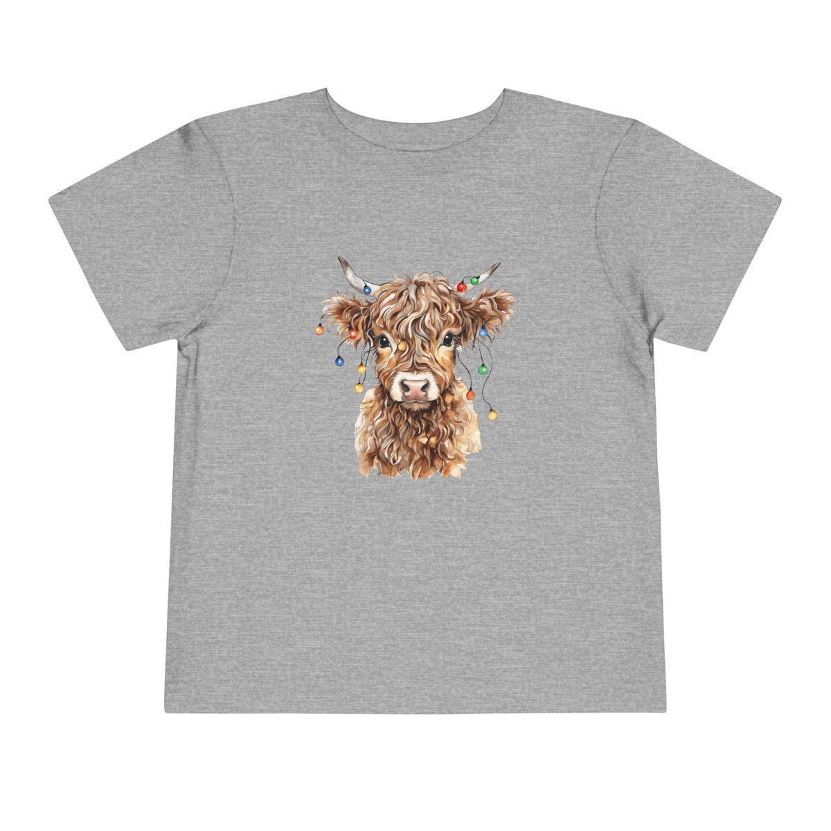 Athletic Heather Highland Cow With Christmas Lights toddler t-shirt with a watercolor highland cow wearing colorful Christmas lights, front view