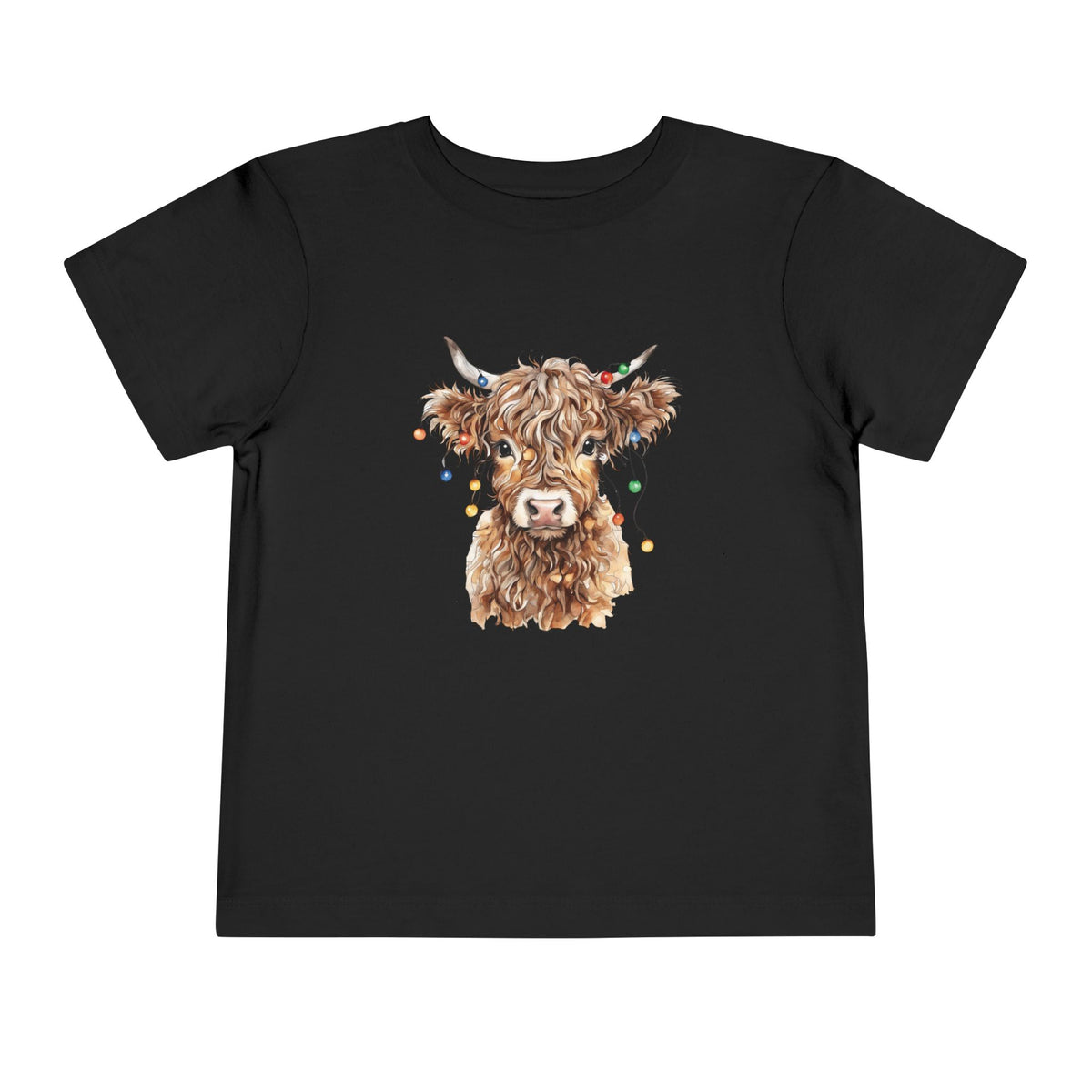 Black Highland Cow With Christmas Lights toddler t-shirt with a watercolor highland cow wearing colorful Christmas lights, front view