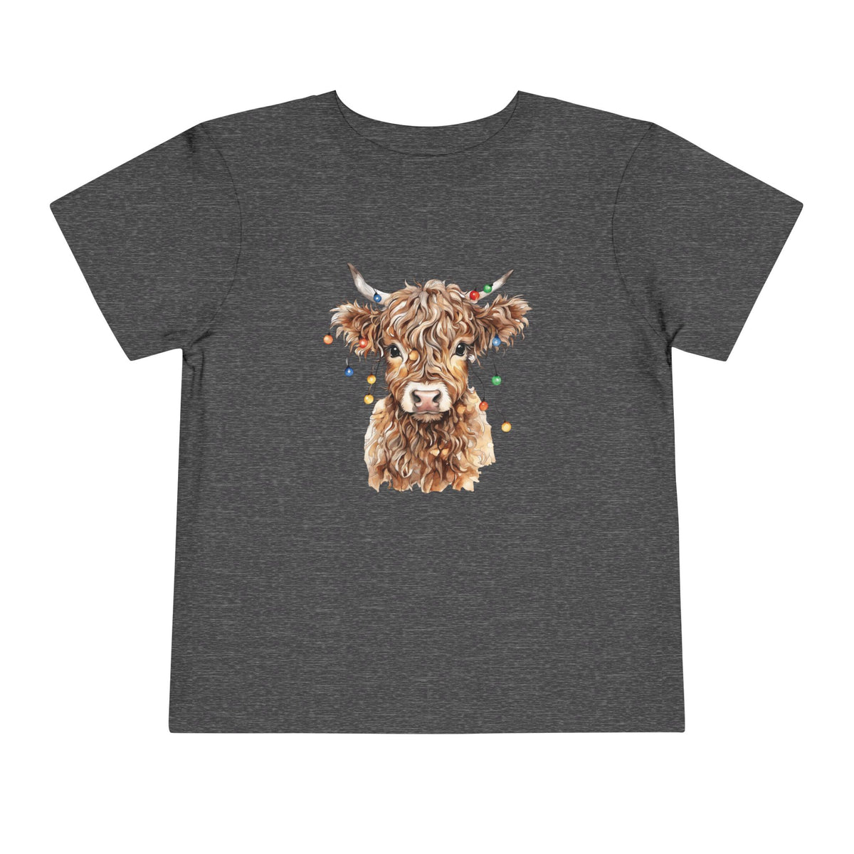 Dark Heather Grey Highland Cow With Christmas Lights toddler t-shirt with a watercolor highland cow wearing colorful Christmas lights, front view