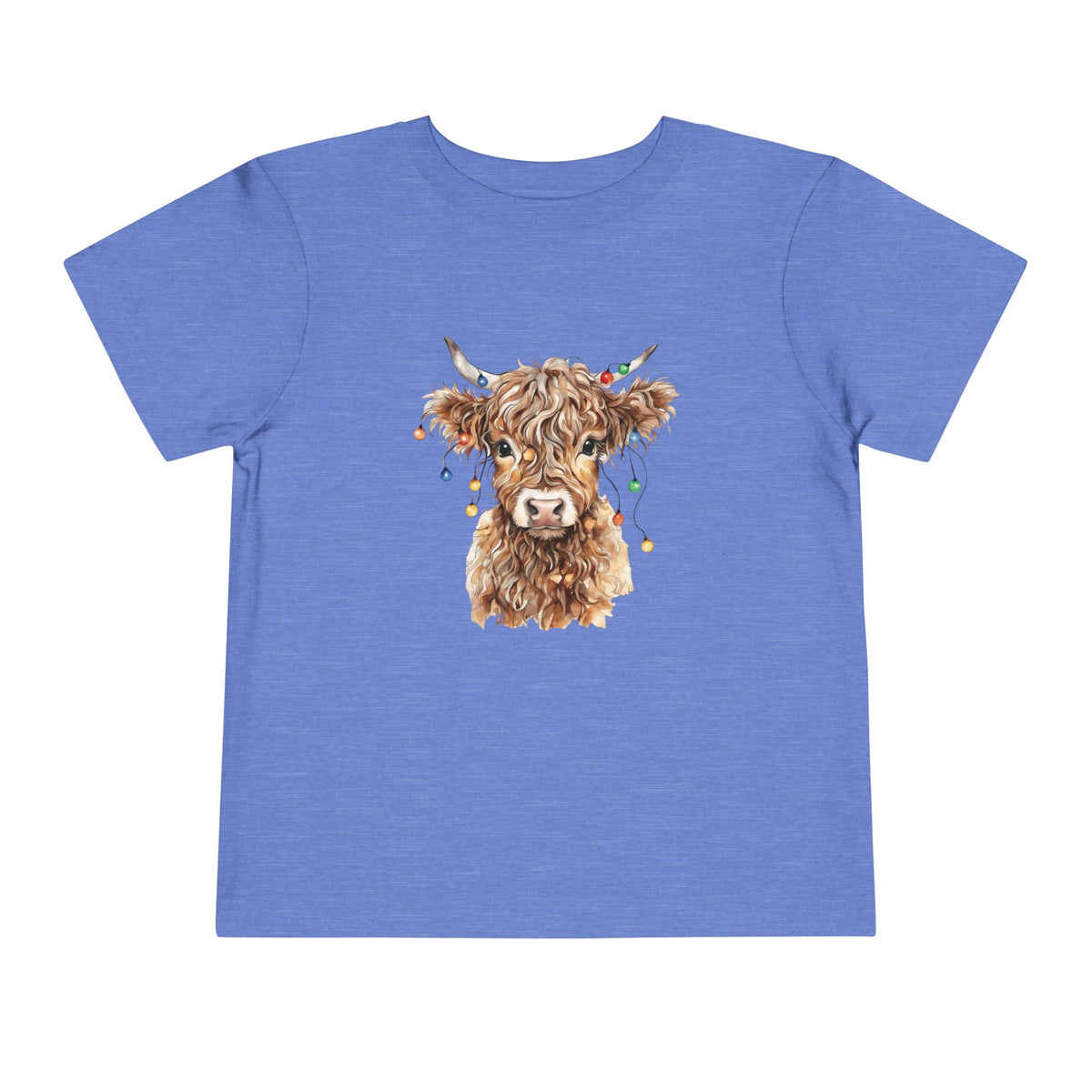 Heather Columbia Blue Highland Cow With Christmas Lights toddler t-shirt with a watercolor highland cow wearing colorful Christmas lights, front view