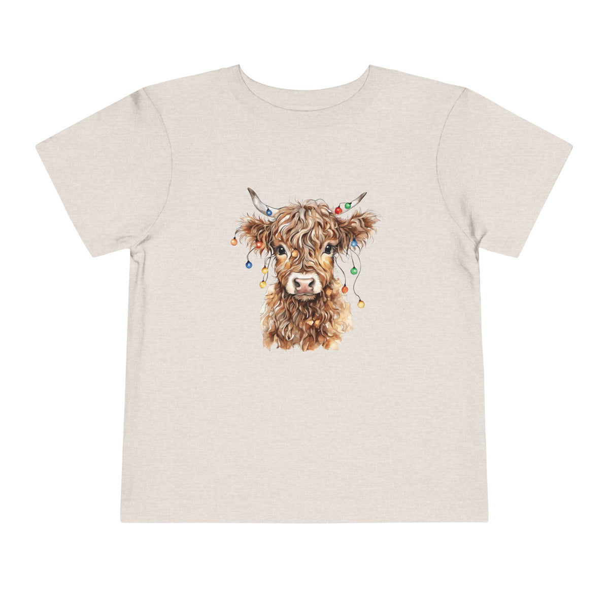 Heather Dust Highland Cow With Christmas Lights toddler t-shirt with a watercolor highland cow wearing colorful Christmas lights, front view