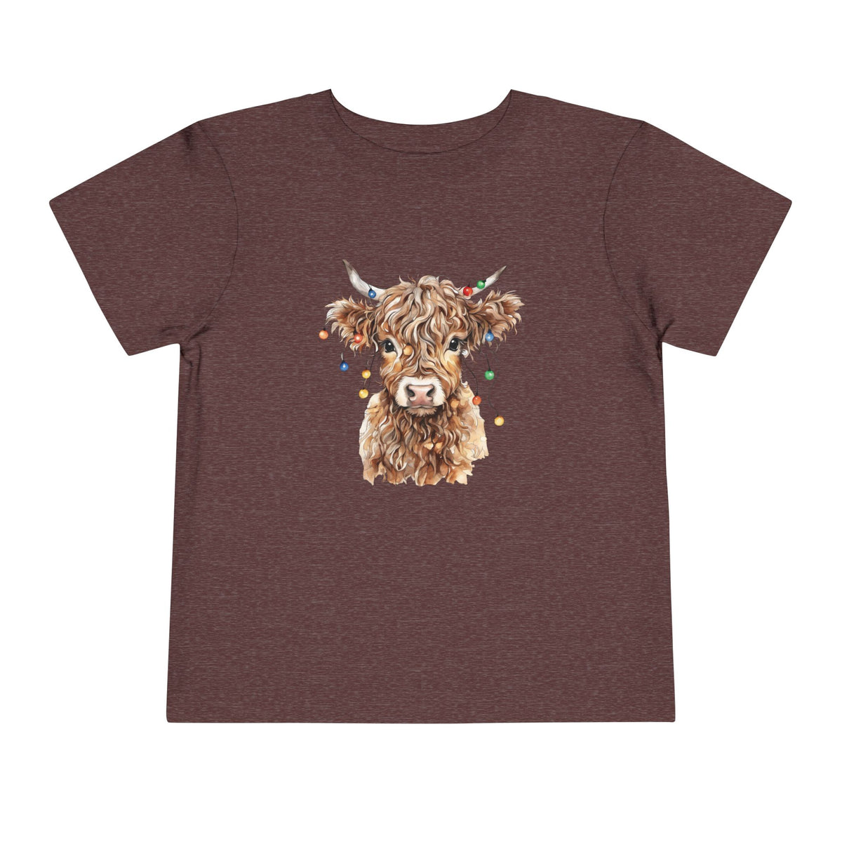 Heather Maroon Highland Cow With Christmas Lights toddler t-shirt with a watercolor highland cow wearing colorful Christmas lights, front view