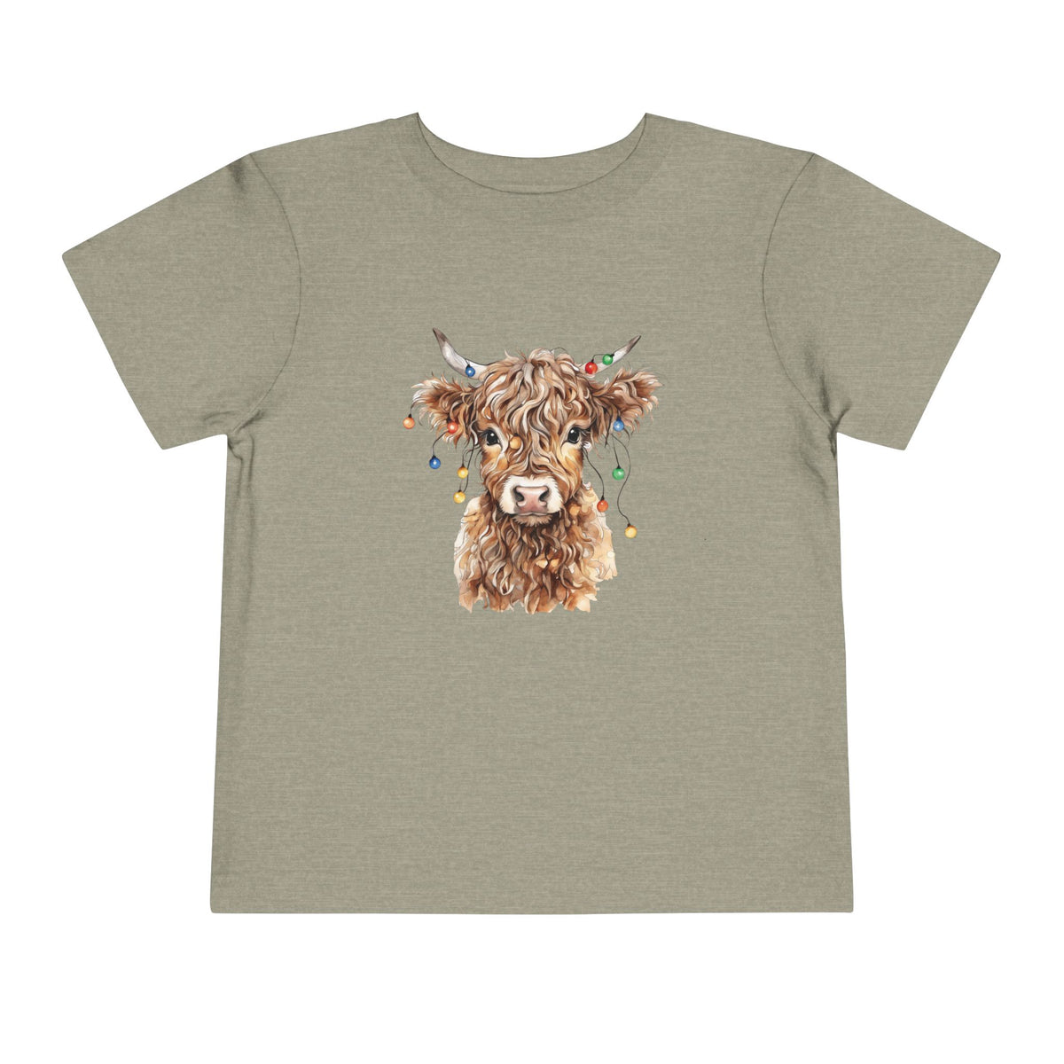 Heather Stone Highland Cow With Christmas Lights toddler t-shirt with a watercolor highland cow wearing colorful Christmas lights, front view