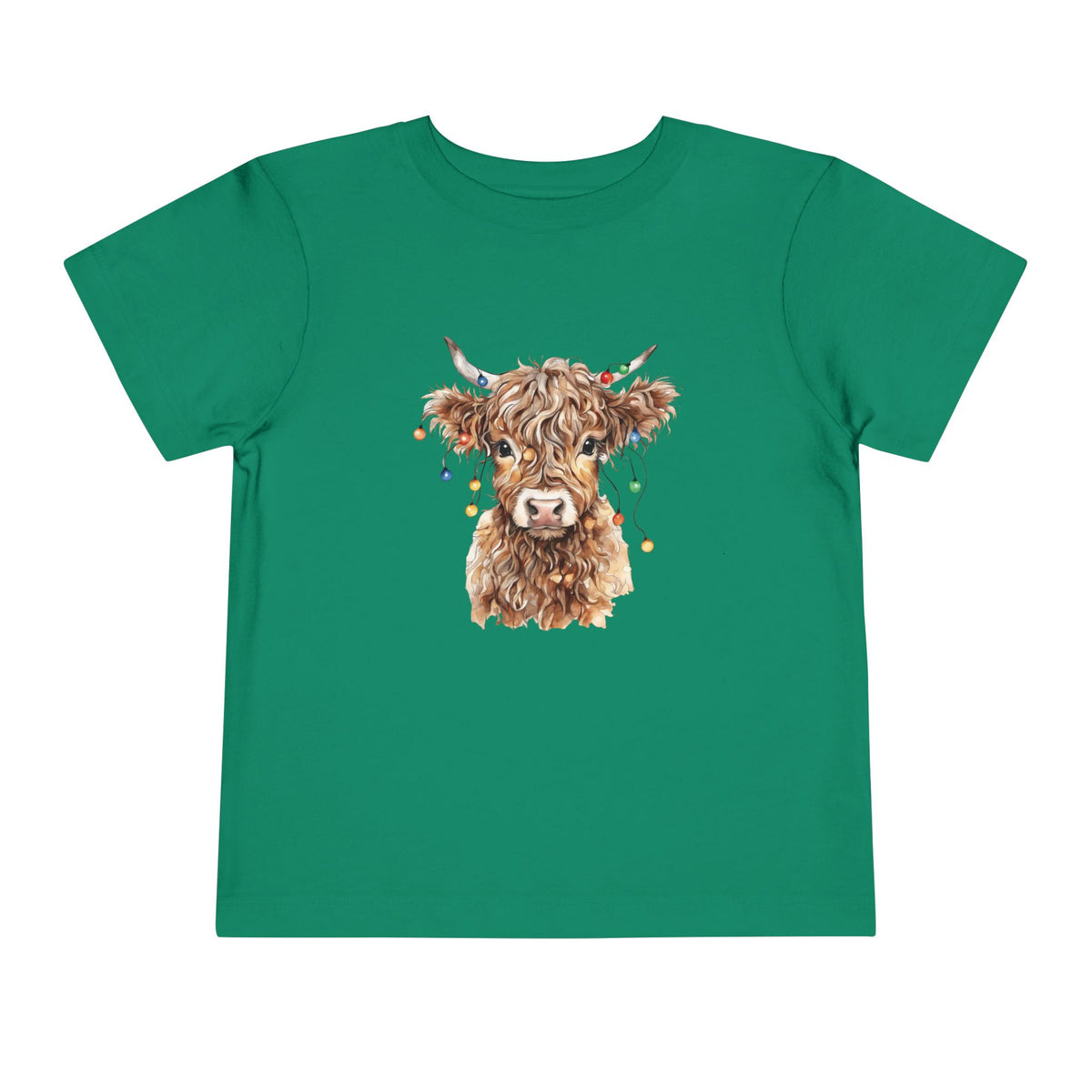 Kelly Highland Cow With Christmas Lights toddler t-shirt with a watercolor highland cow wearing colorful Christmas lights, front view