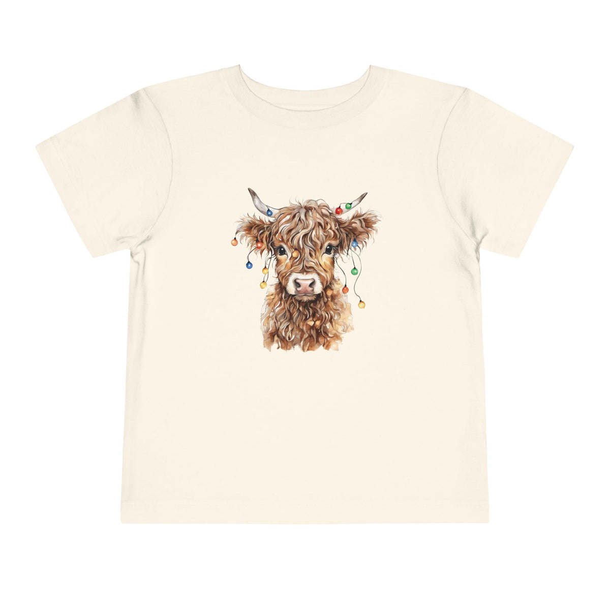 Natural Highland Cow With Christmas Lights toddler t-shirt with a watercolor highland cow wearing colorful Christmas lights, front view