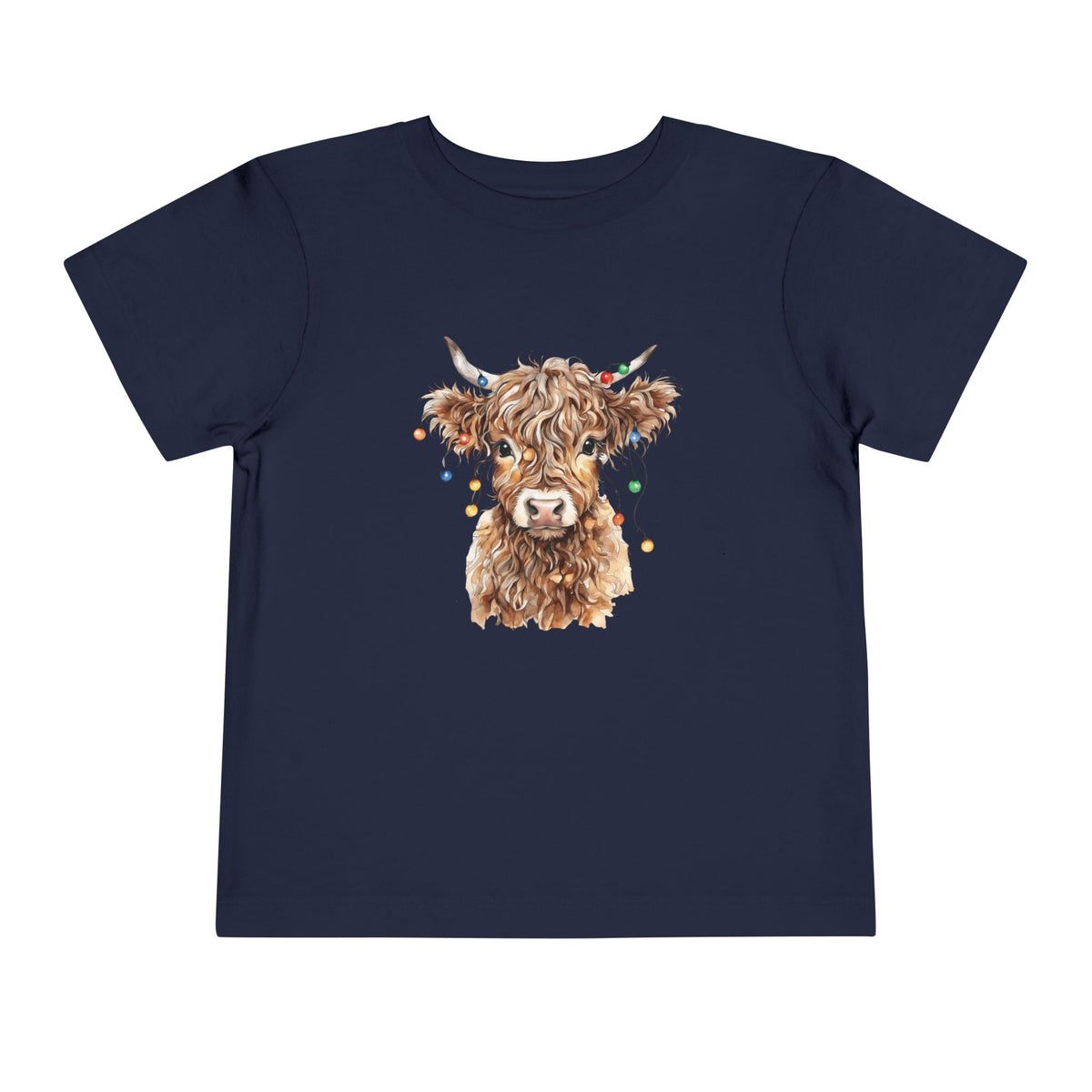 Navy Highland Cow With Christmas Lights toddler t-shirt with a watercolor highland cow wearing colorful Christmas lights, front view
