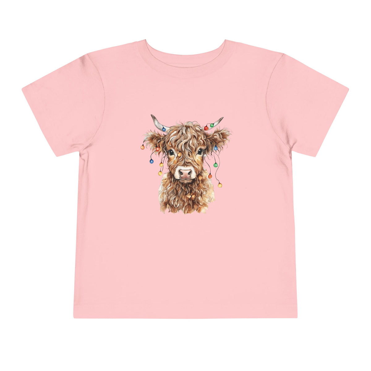 Pink Highland Cow With Christmas Lights toddler t-shirt with a watercolor highland cow wearing colorful Christmas lights, front view