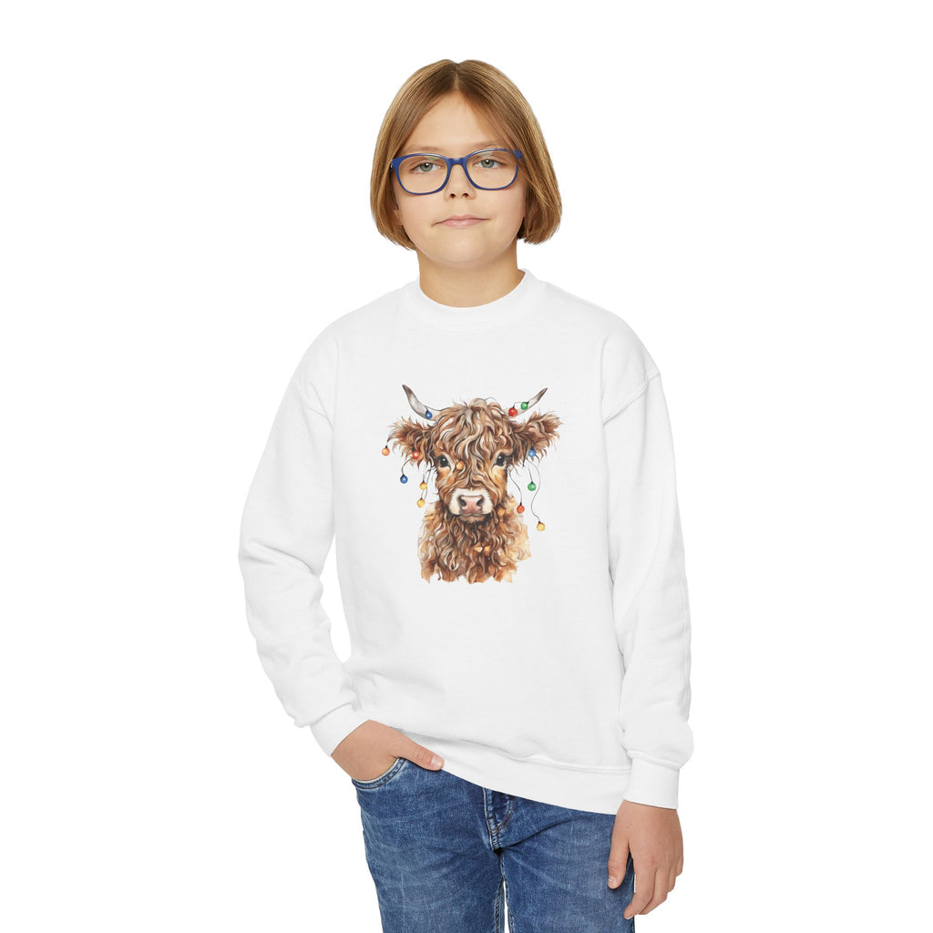 Girl wearing the White Highland Cow With Christmas Lights Youth Sweatshirt
