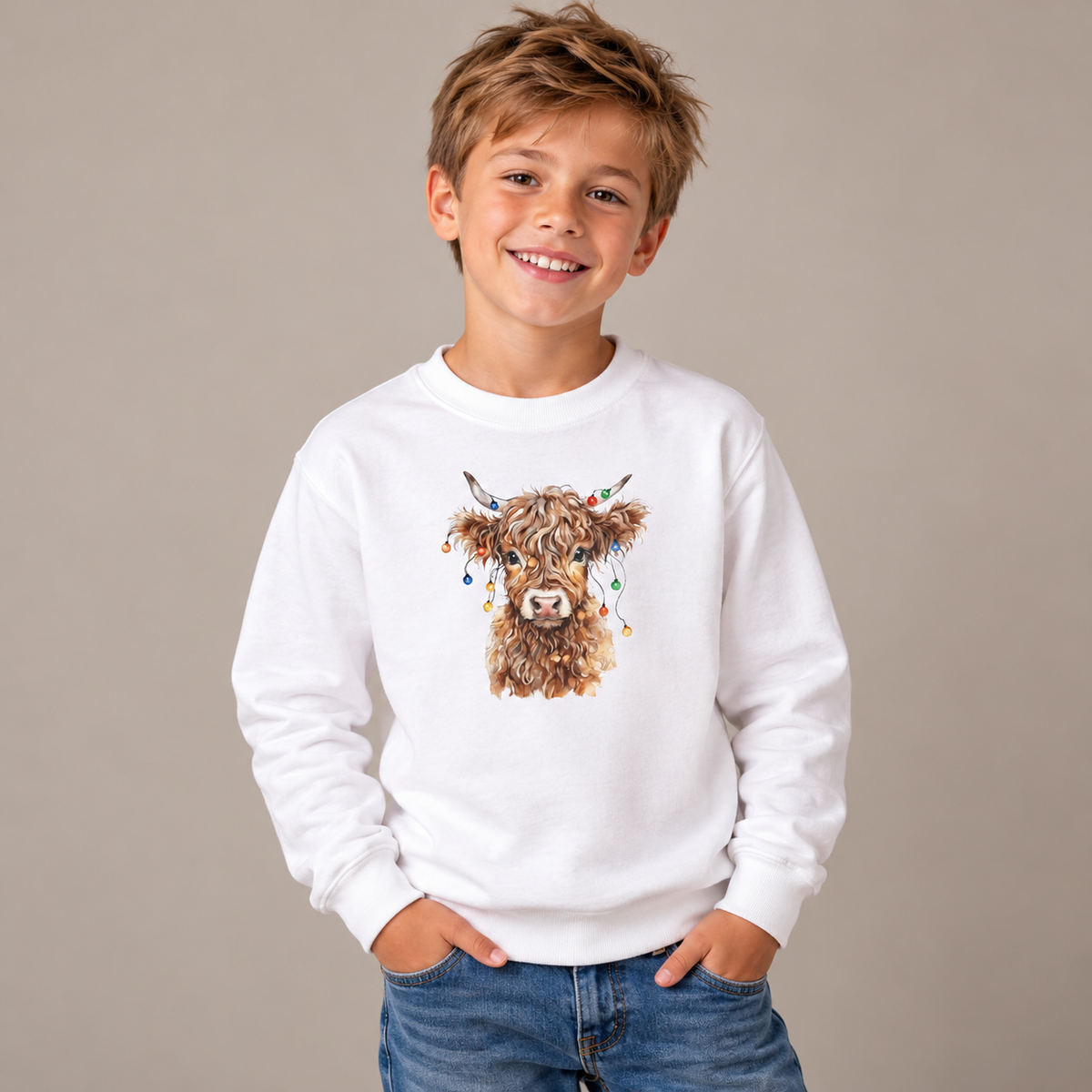Boy wearing the White Highland Cow With Christmas Lights Youth Sweatshirt