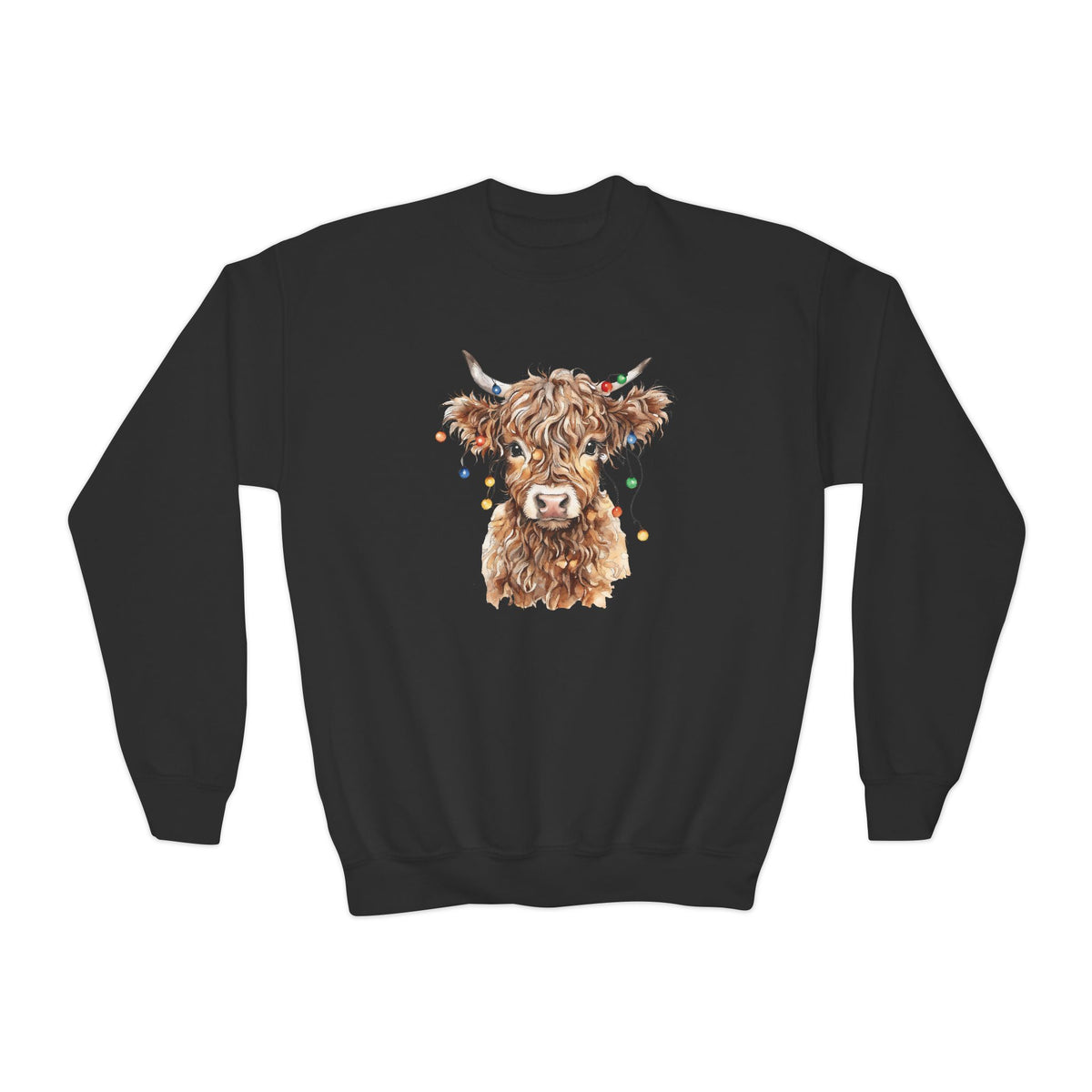 Black Highland Cow With Christmas Lights youth sweatshirt with a watercolor highland cow wearing colorful Christmas lights, front view