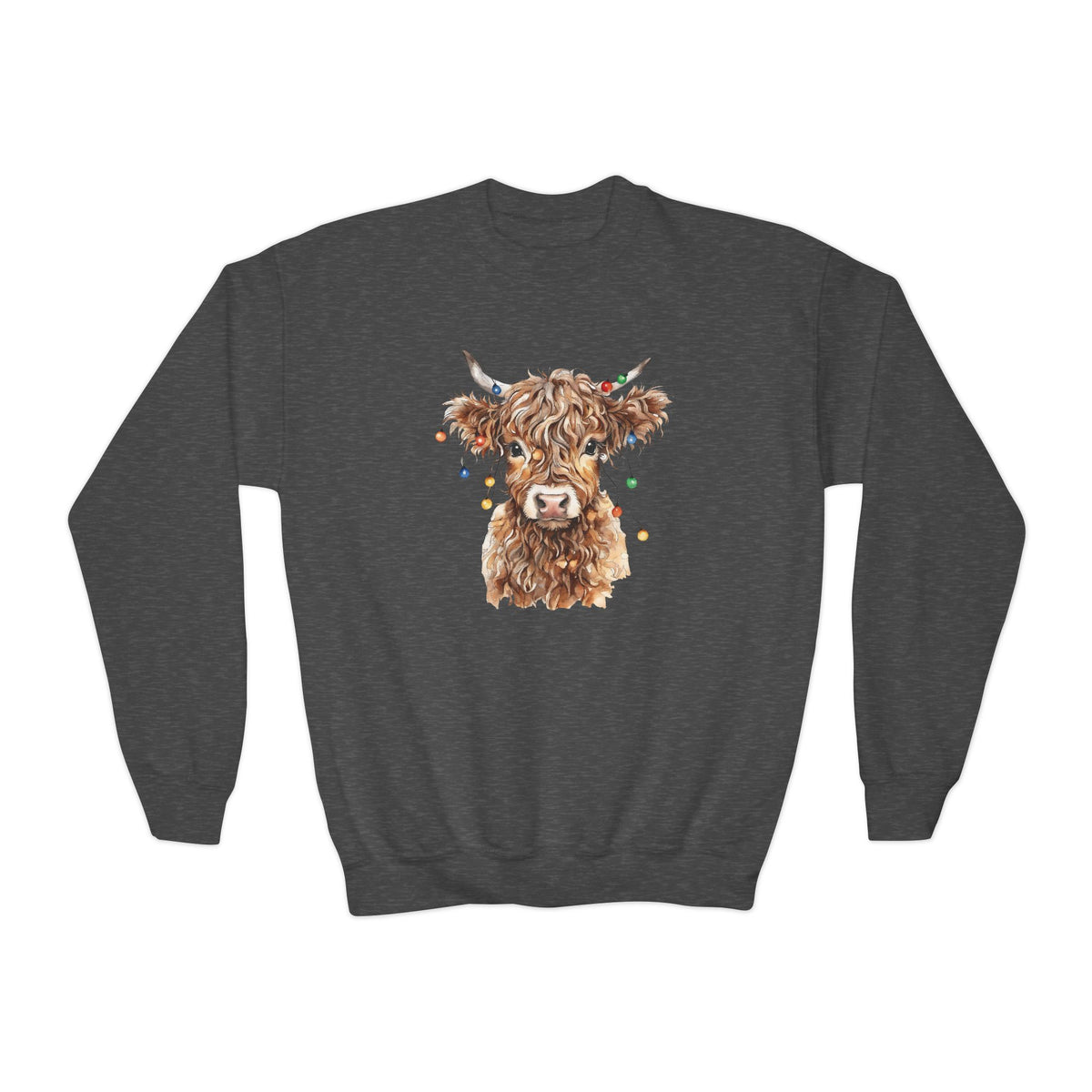 Dark Heather Highland Cow With Christmas Lights youth sweatshirt with a watercolor highland cow wearing colorful Christmas lights, front view