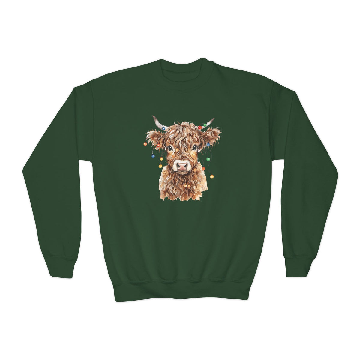 Forest Green Highland Cow With Christmas Lights youth sweatshirt with a watercolor highland cow wearing colorful Christmas lights, front view