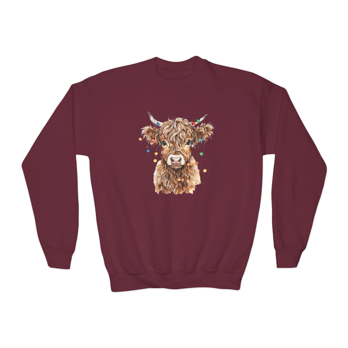 Maroon Highland Cow With Christmas Lights youth sweatshirt with a watercolor highland cow wearing colorful Christmas lights, front view