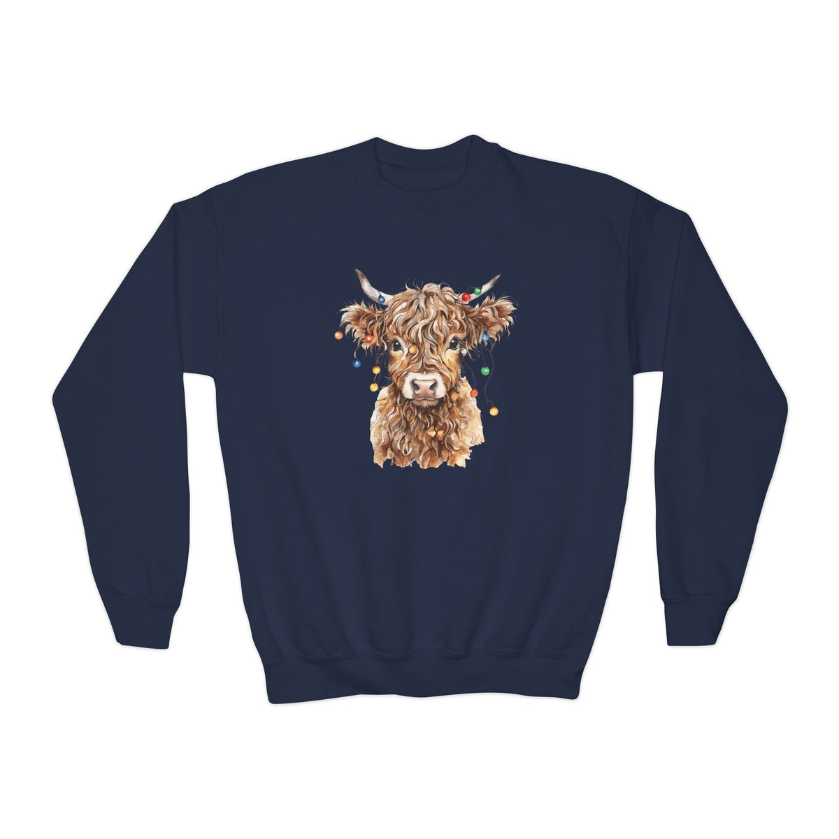 Navy Highland Cow With Christmas Lights youth sweatshirt with a watercolor highland cow wearing colorful Christmas lights, front view
