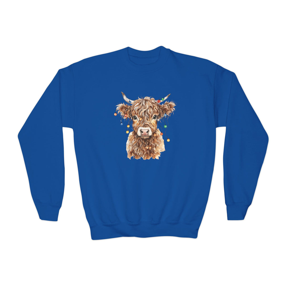 Royal Highland Cow With Christmas Lights youth sweatshirt with a watercolor highland cow wearing colorful Christmas lights, front view