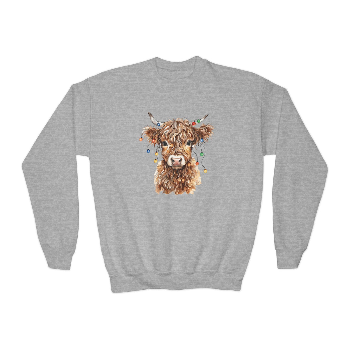 Sport Grey Highland Cow With Christmas Lights youth sweatshirt with a watercolor highland cow wearing colorful Christmas lights, front view