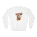 White Highland Cow With Christmas Lights youth sweatshirt with a watercolor highland cow wearing colorful Christmas lights, front view