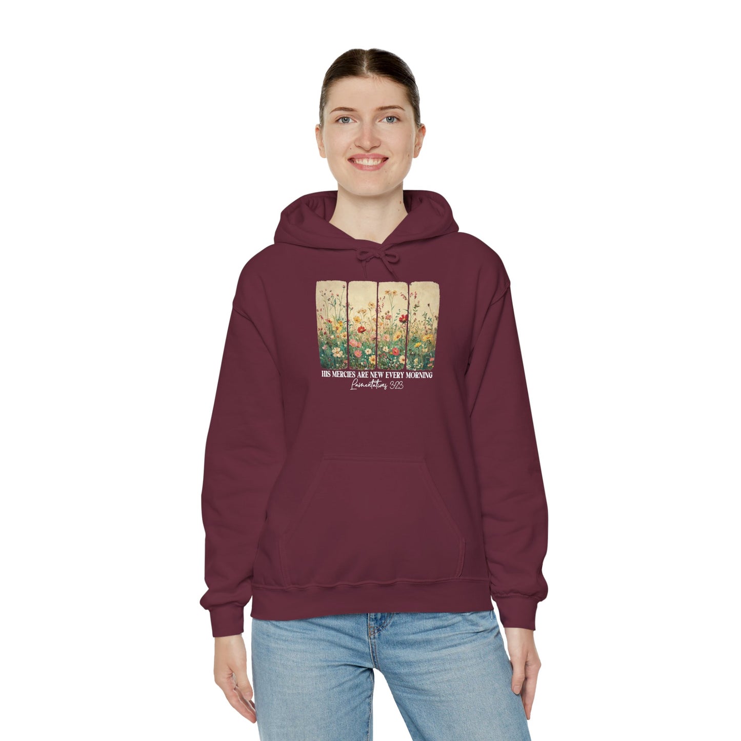 His Mercies Are New Every Morning hoodie with wildflower print, additional product photo