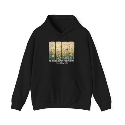 Black His Mercies Are New Every Morning hoodie with wildflower print, front view