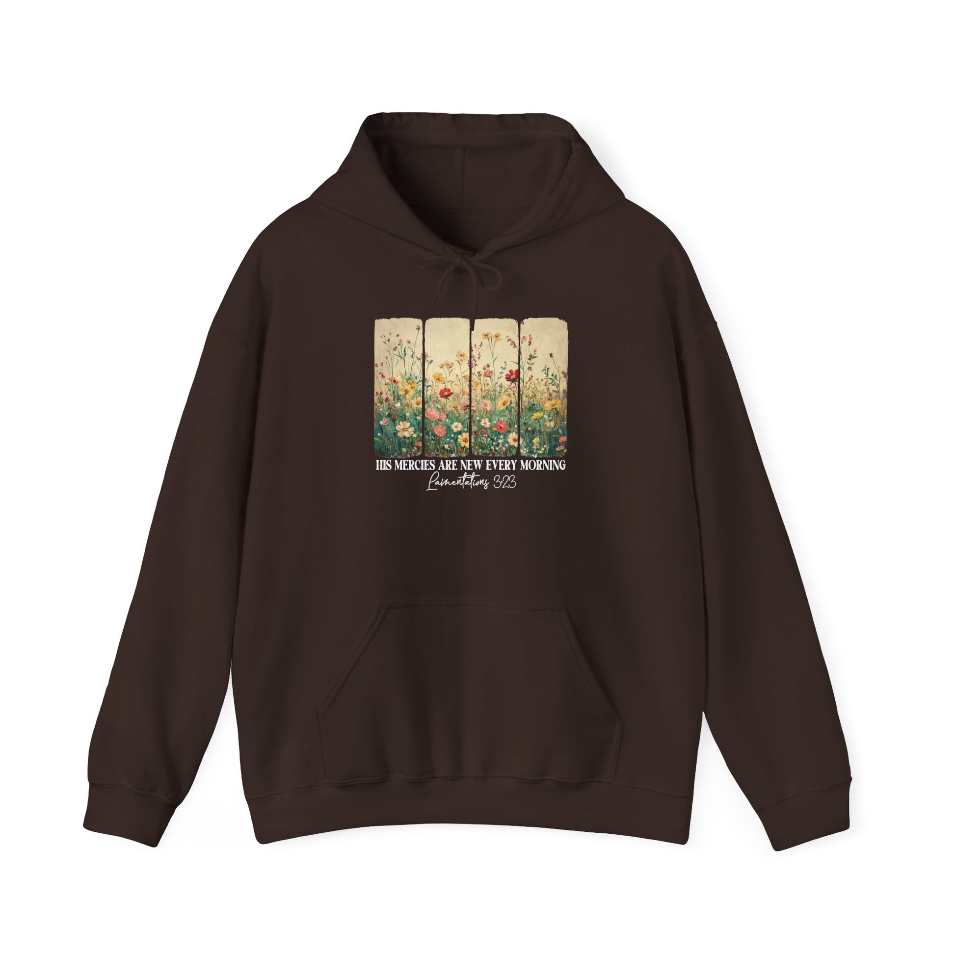 Dark Chocolate His Mercies Are New Every Morning hoodie with wildflower print, front view