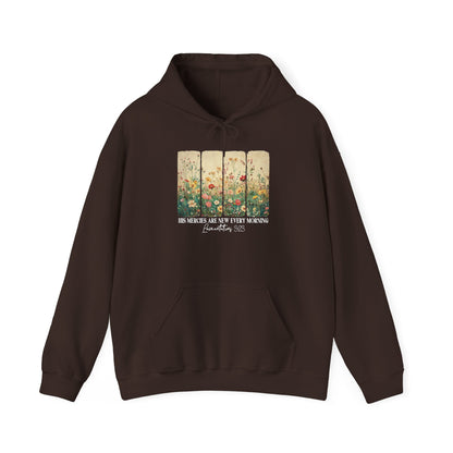 Dark Chocolate His Mercies Are New Every Morning hoodie with wildflower print, front view