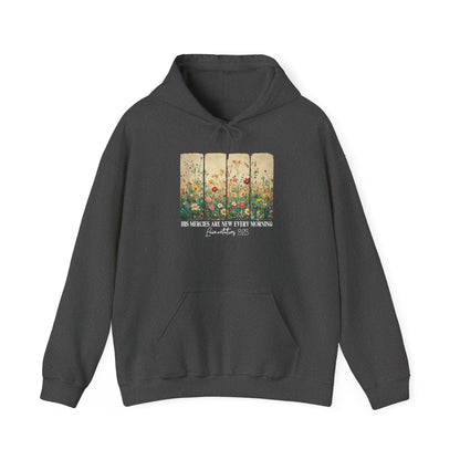 Dark Heather His Mercies Are New Every Morning hoodie with wildflower print, front view