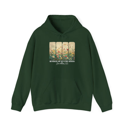 Forest Green His Mercies Are New Every Morning hoodie with wildflower print, front view