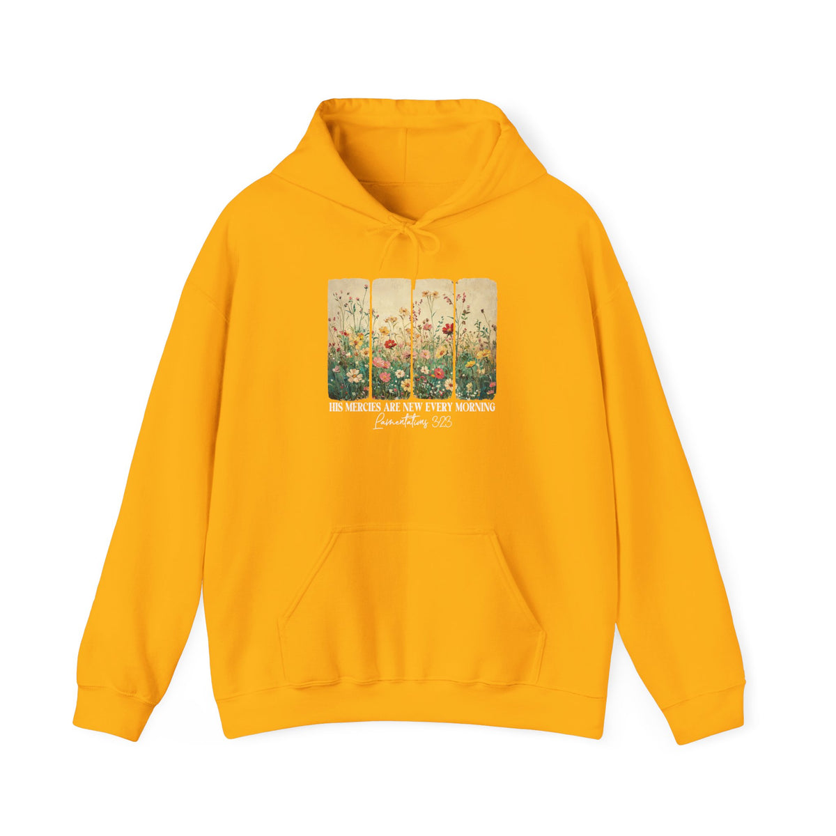 Gold His Mercies Are New Every Morning hoodie with wildflower print, front view
