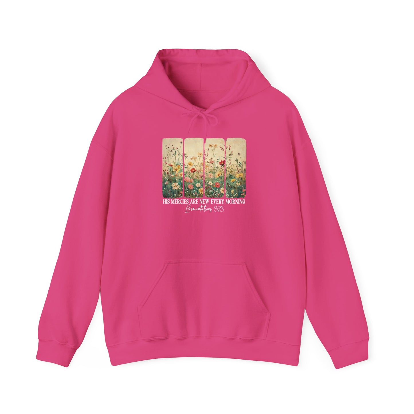 Heliconia His Mercies Are New Every Morning hoodie with wildflower print, front view
